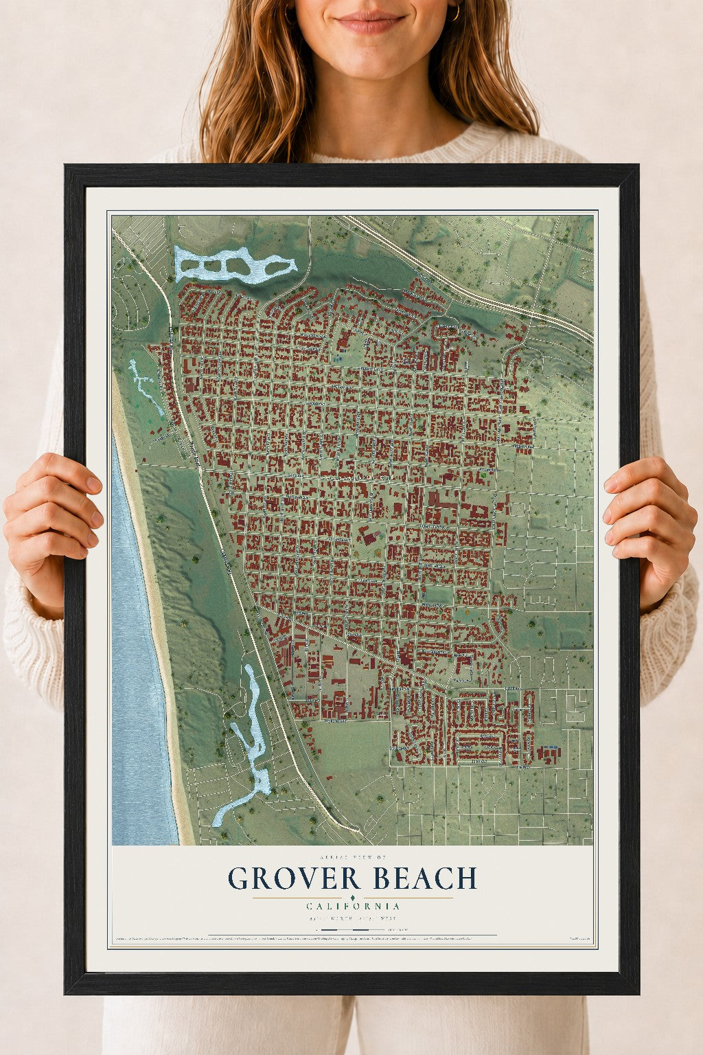 Map of Grover Beach, California, 18 x 24 inch print in a black wood frame