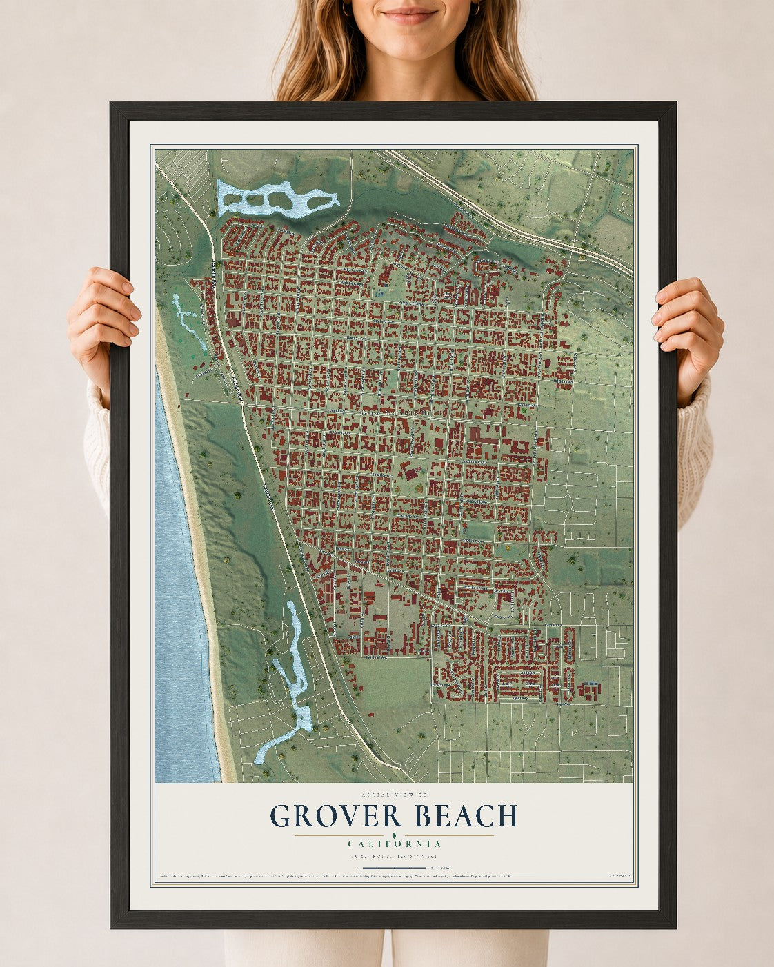 Map of Grover Beach, California, 24 x 36 inch print in a black wood frame