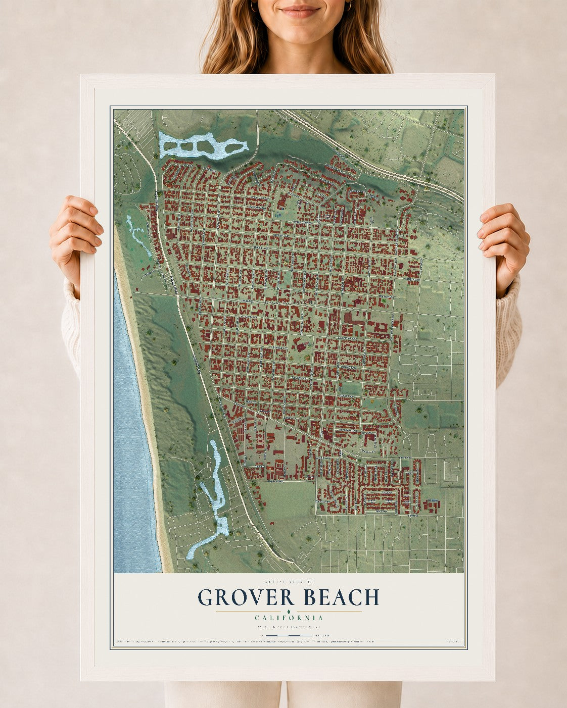 Map of Grover Beach, California, 24 x 36 inch print in a white wood frame