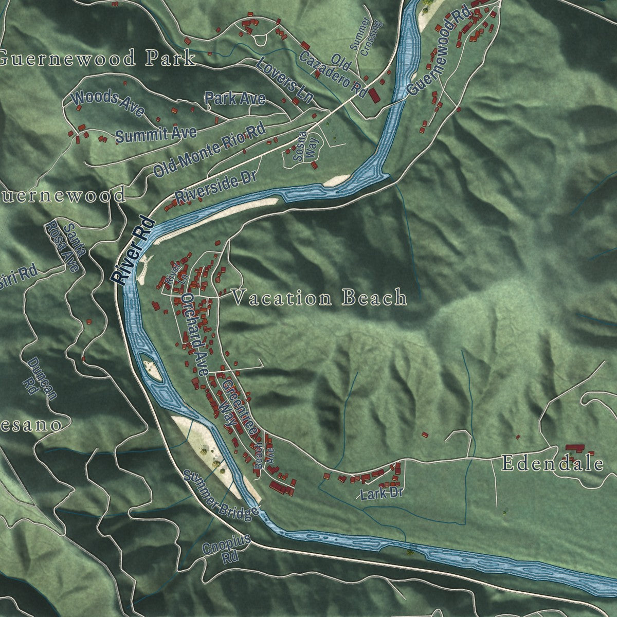Second close-up of the map of Guerneville, California print showing more streets and buildings