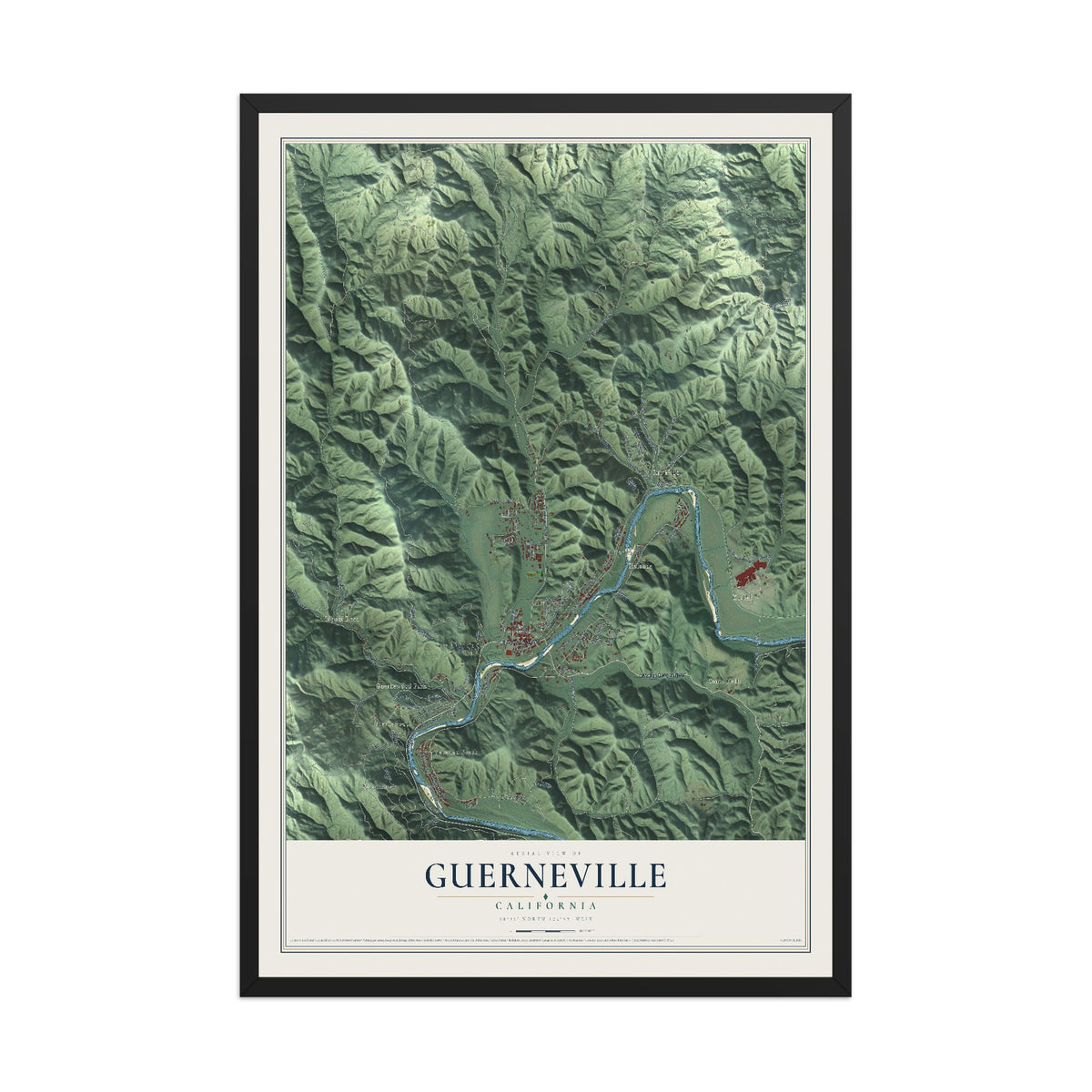 Map of Guerneville, California, 12 x 18 inch print in a black wood frame