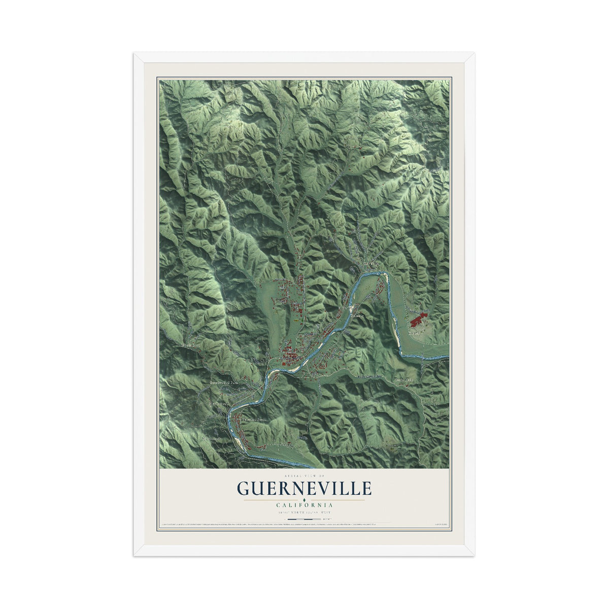Map of Guerneville, California, 12 x 18 inch print in a white wood frame