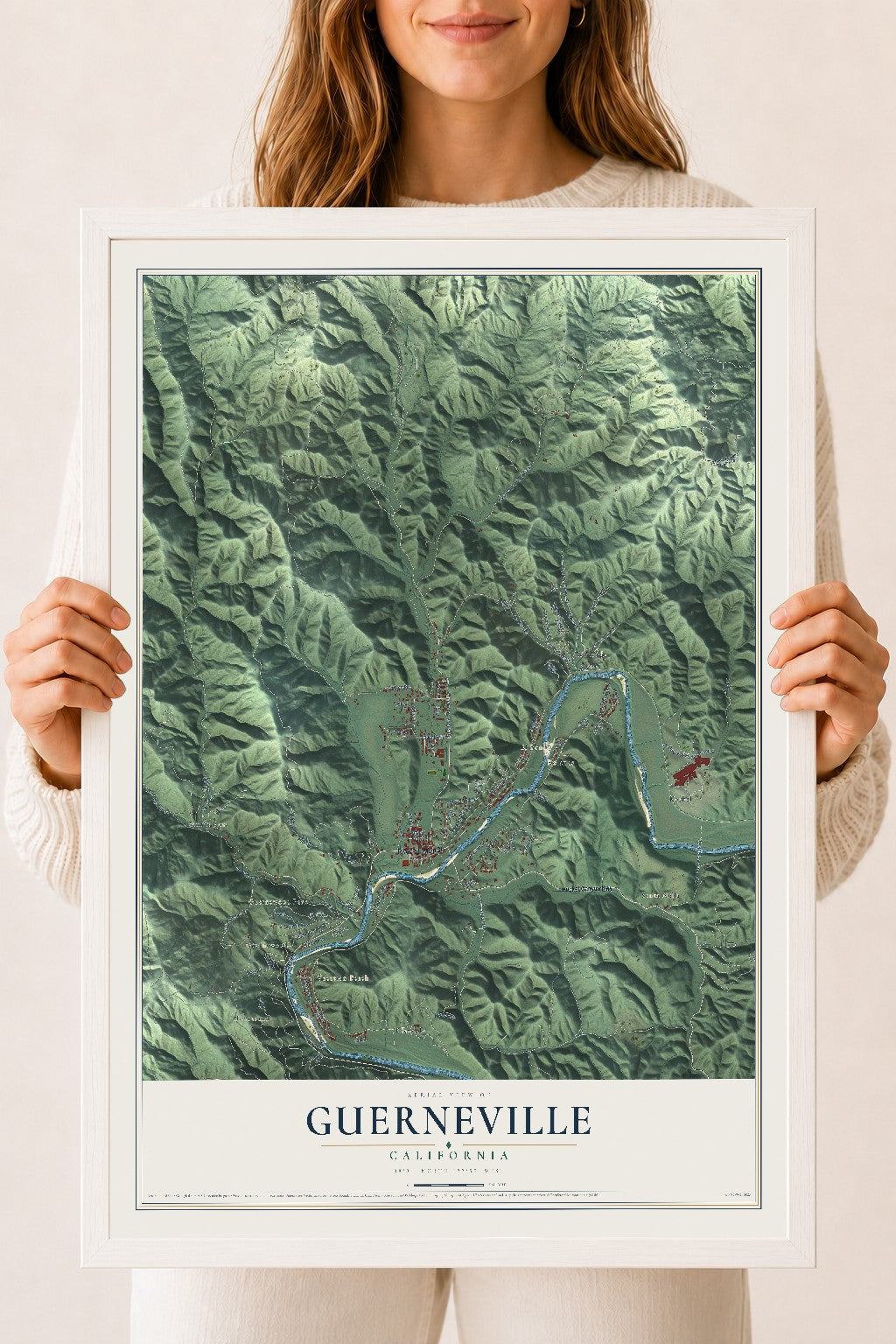 Map of Guerneville, California, 18 x 24 inch print in a white wood frame