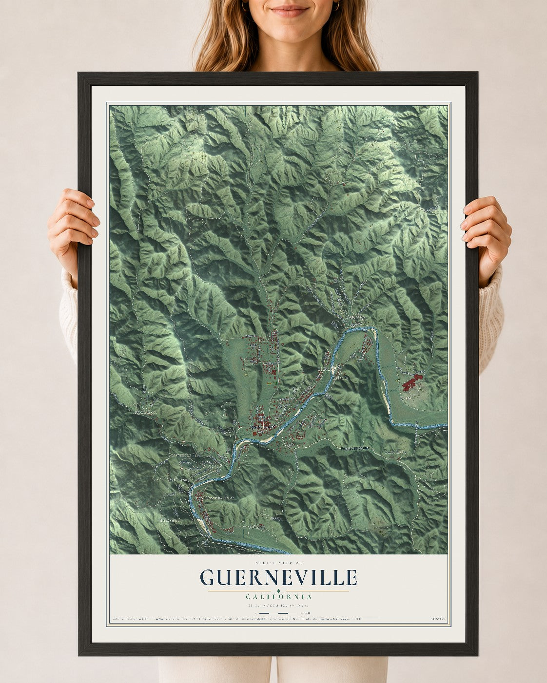 Map of Guerneville, California, 24 x 36 inch print in a black wood frame