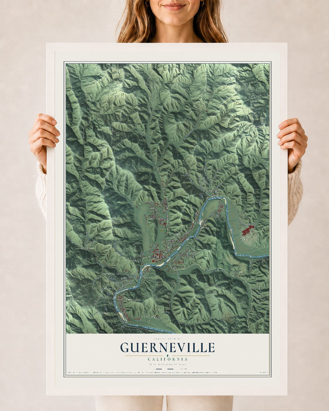 Map of Guerneville, California, 24 x 36 inch print in a white wood frame