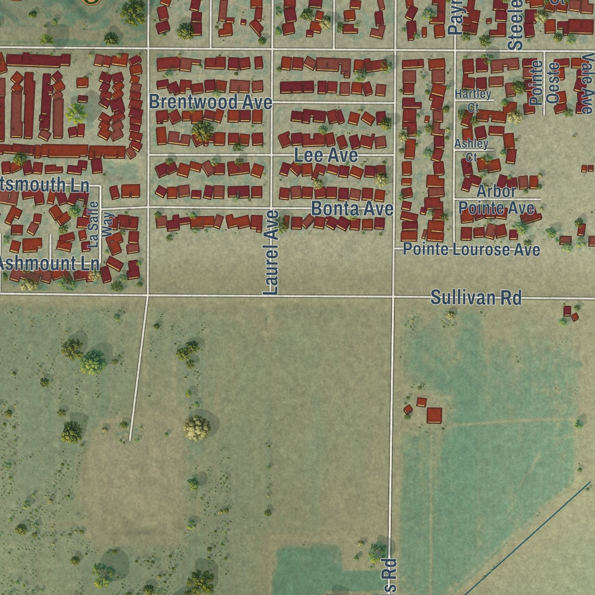 Second close-up of the map of Gustine, California print showing more streets and buildings