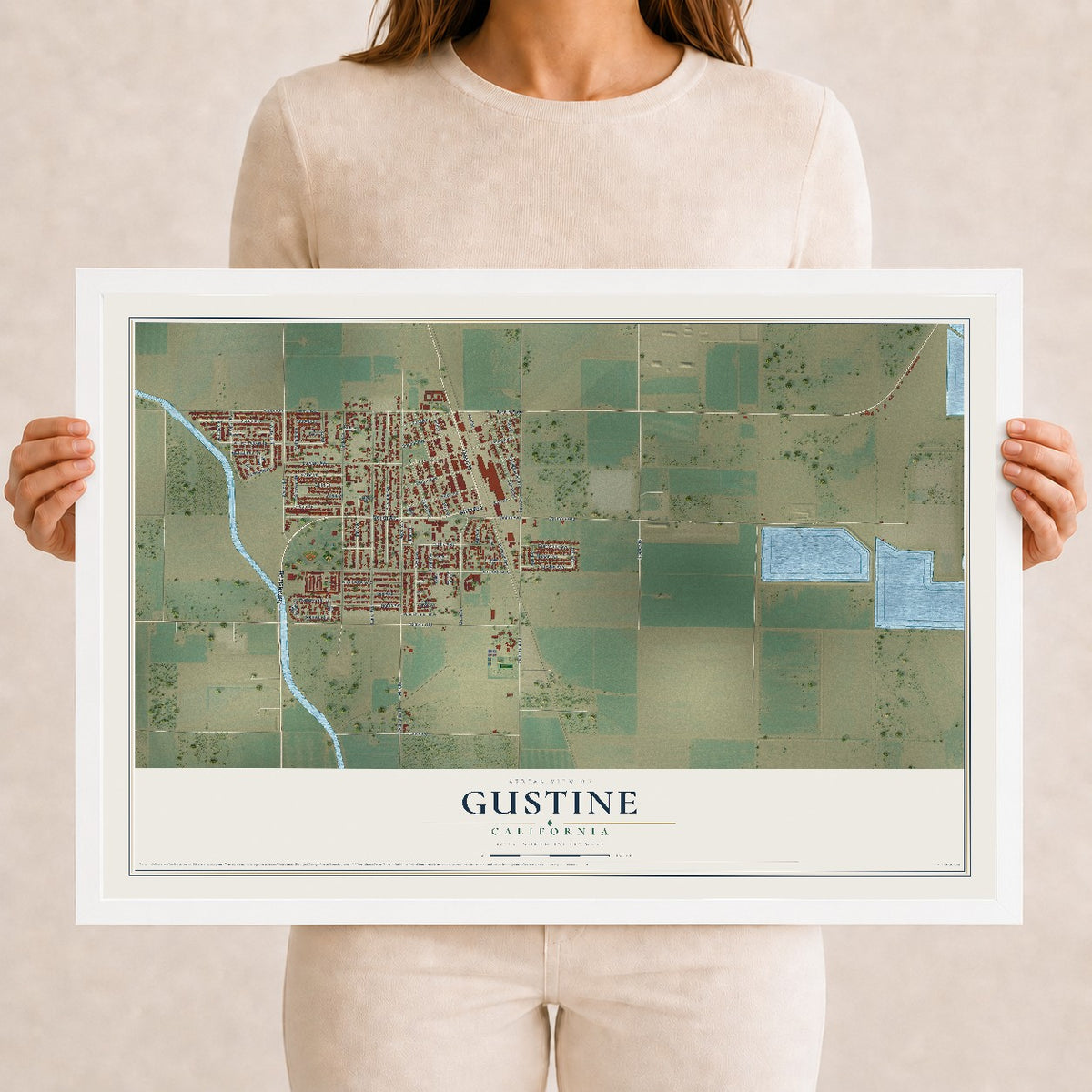 Map of Gustine, California, 12 x 18 inch print in a white wood frame