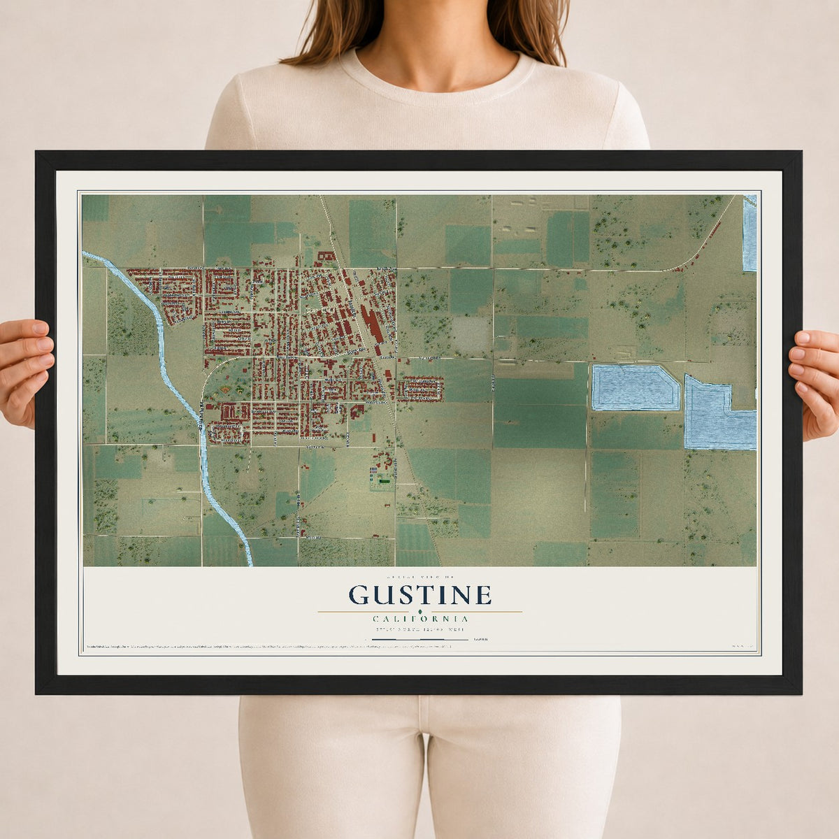 Map of Gustine, California, 18 x 24 inch print in a black wood frame