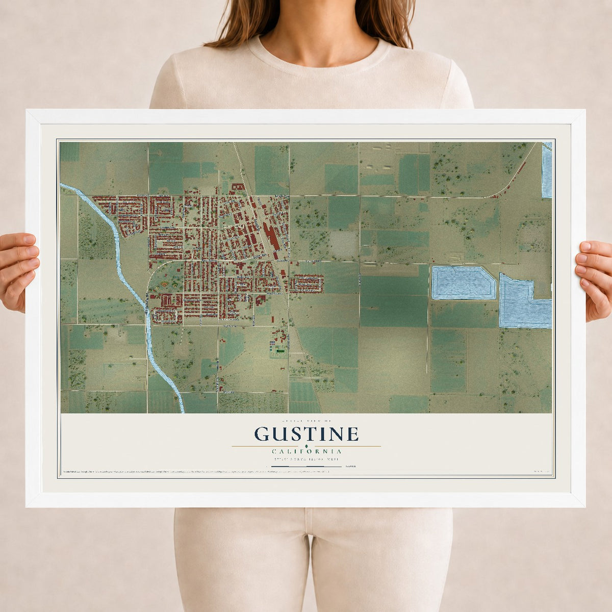 Map of Gustine, California, 18 x 24 inch print in a white wood frame