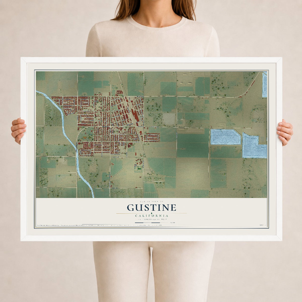 Map of Gustine, California, 24 x 36 inch print in a white wood frame