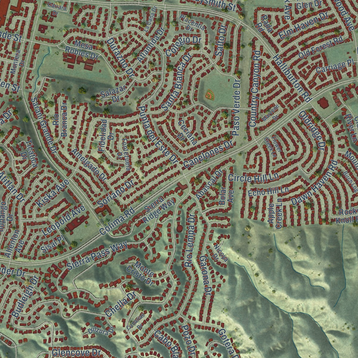 Close-up of the map of Hacienda Heights, California print showing street and building detail
