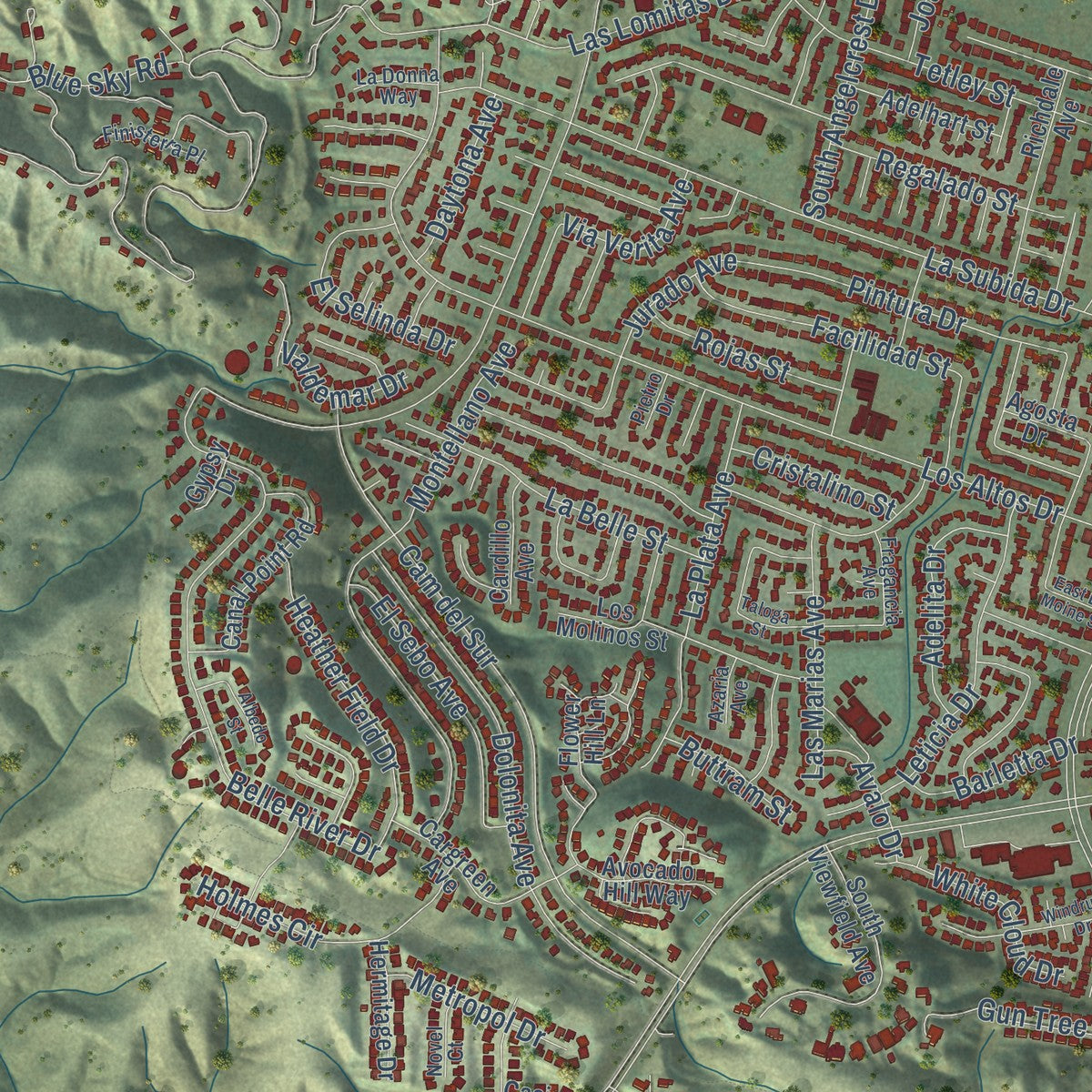 Second close-up of the map of Hacienda Heights, California print showing more streets and buildings