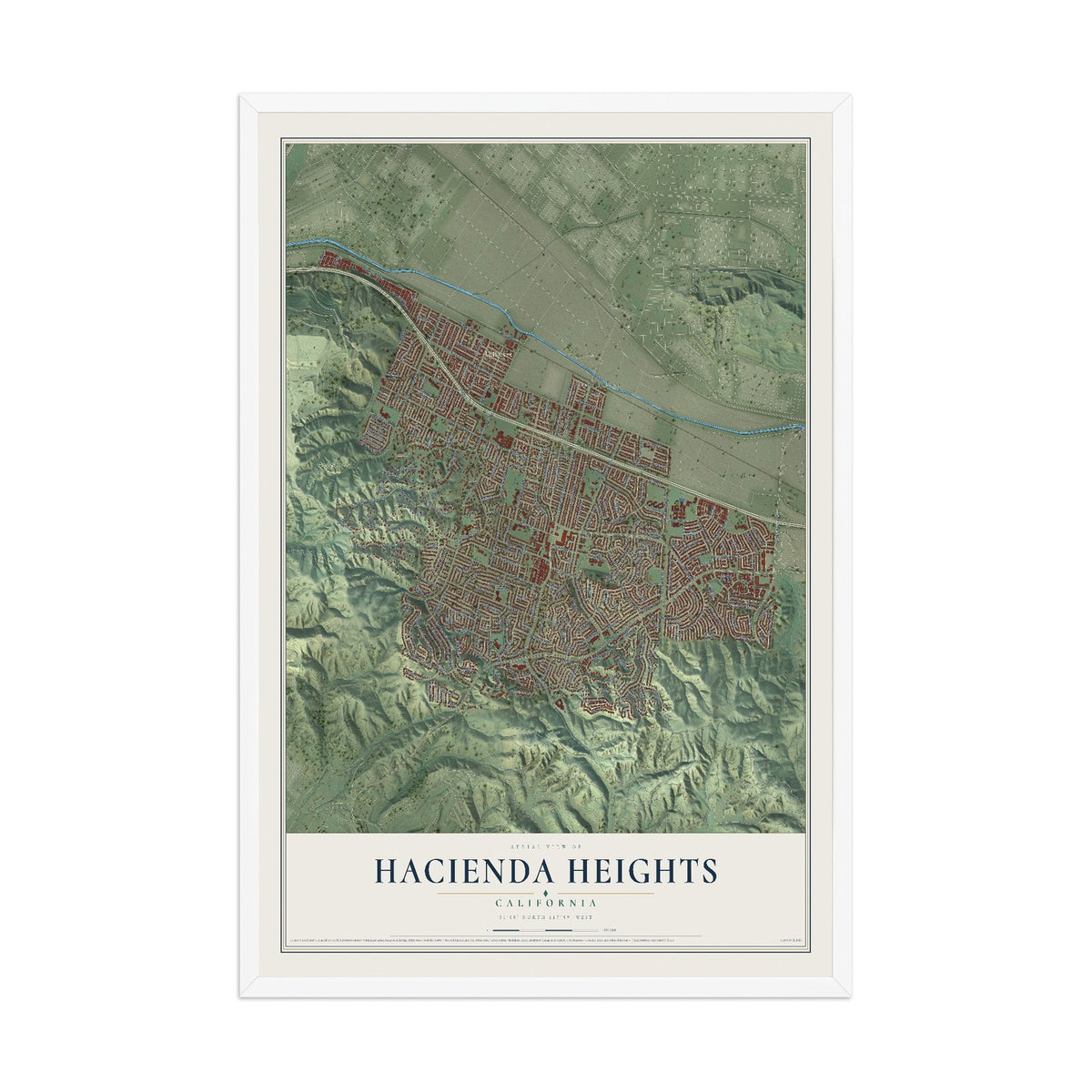 Map of Hacienda Heights, California, 12 x 18 inch print in a white wood frame