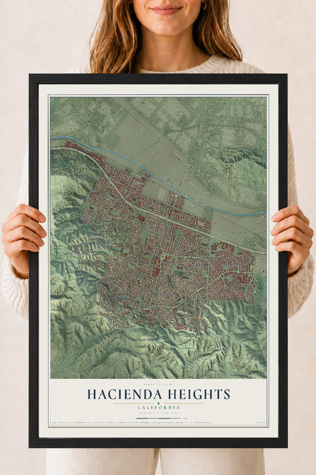Map of Hacienda Heights, California, 18 x 24 inch print in a black wood frame
