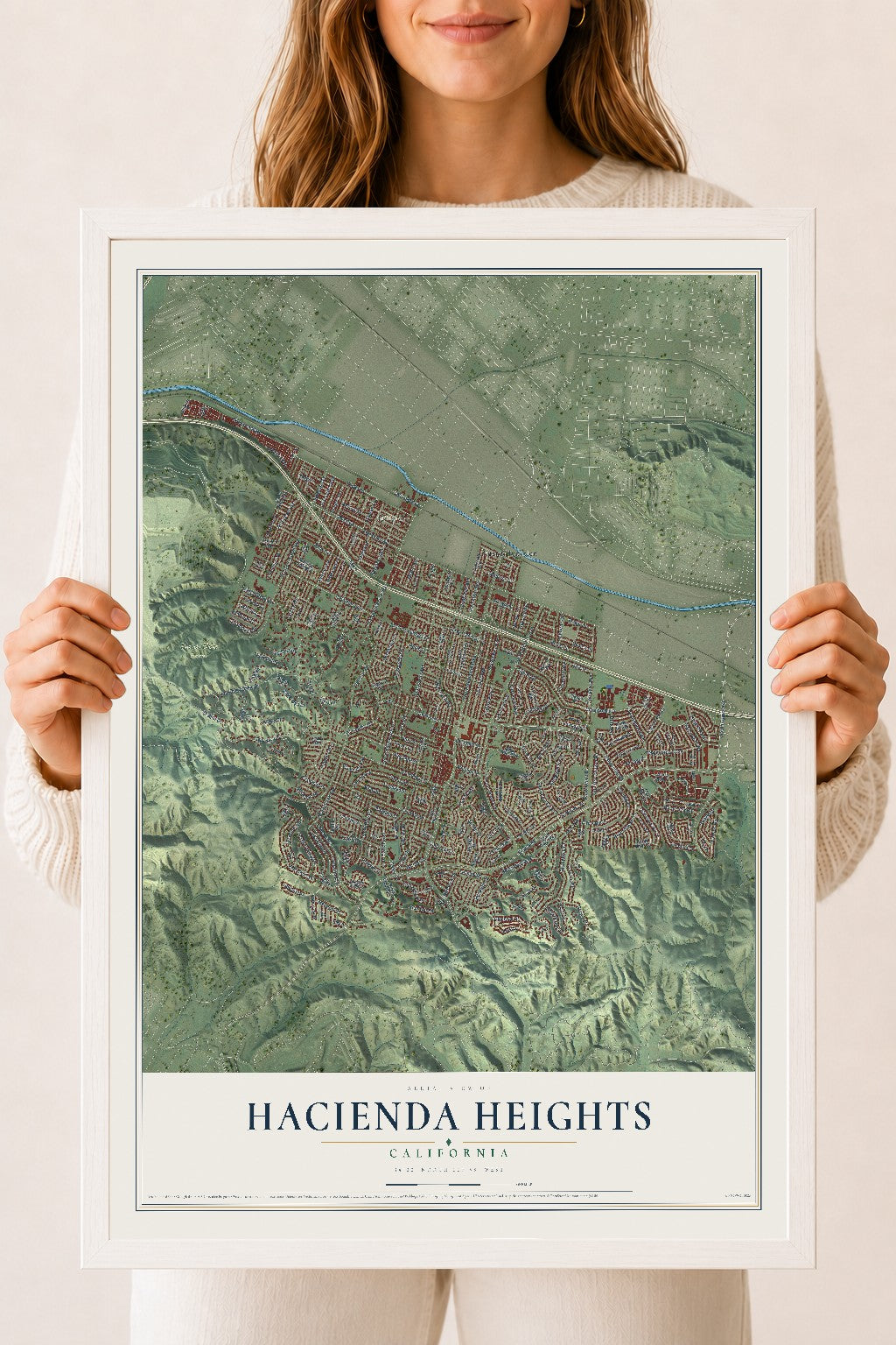 Map of Hacienda Heights, California, 18 x 24 inch print in a white wood frame