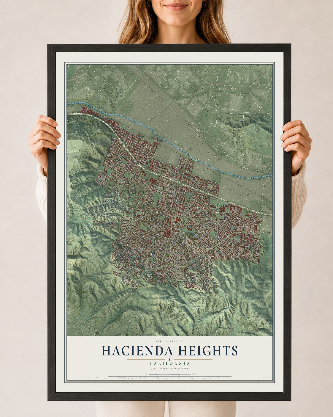 Map of Hacienda Heights, California, 24 x 36 inch print in a black wood frame