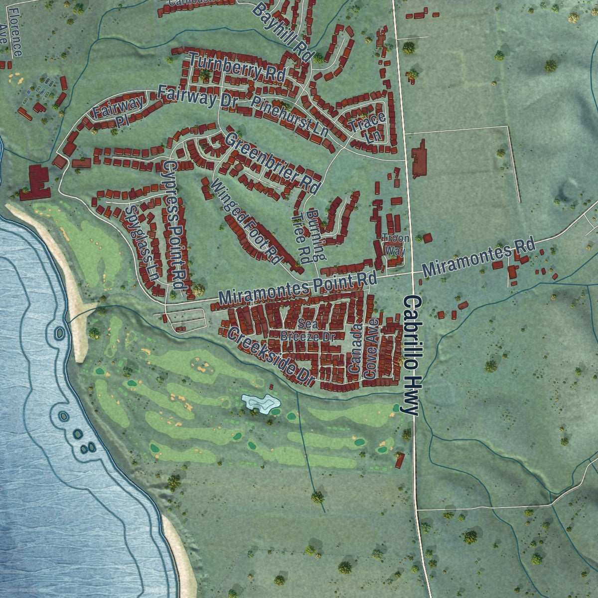Second close-up of the map of Half Moon Bay, California print showing more streets and buildings
