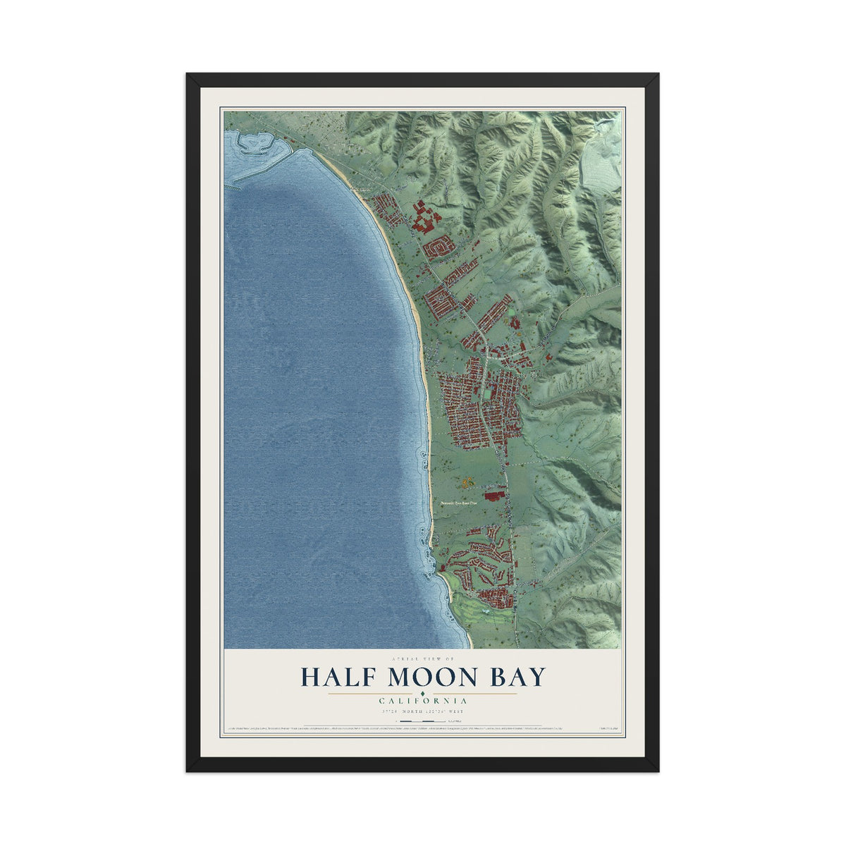 Map of Half Moon Bay, California, 12 x 18 inch print in a black wood frame