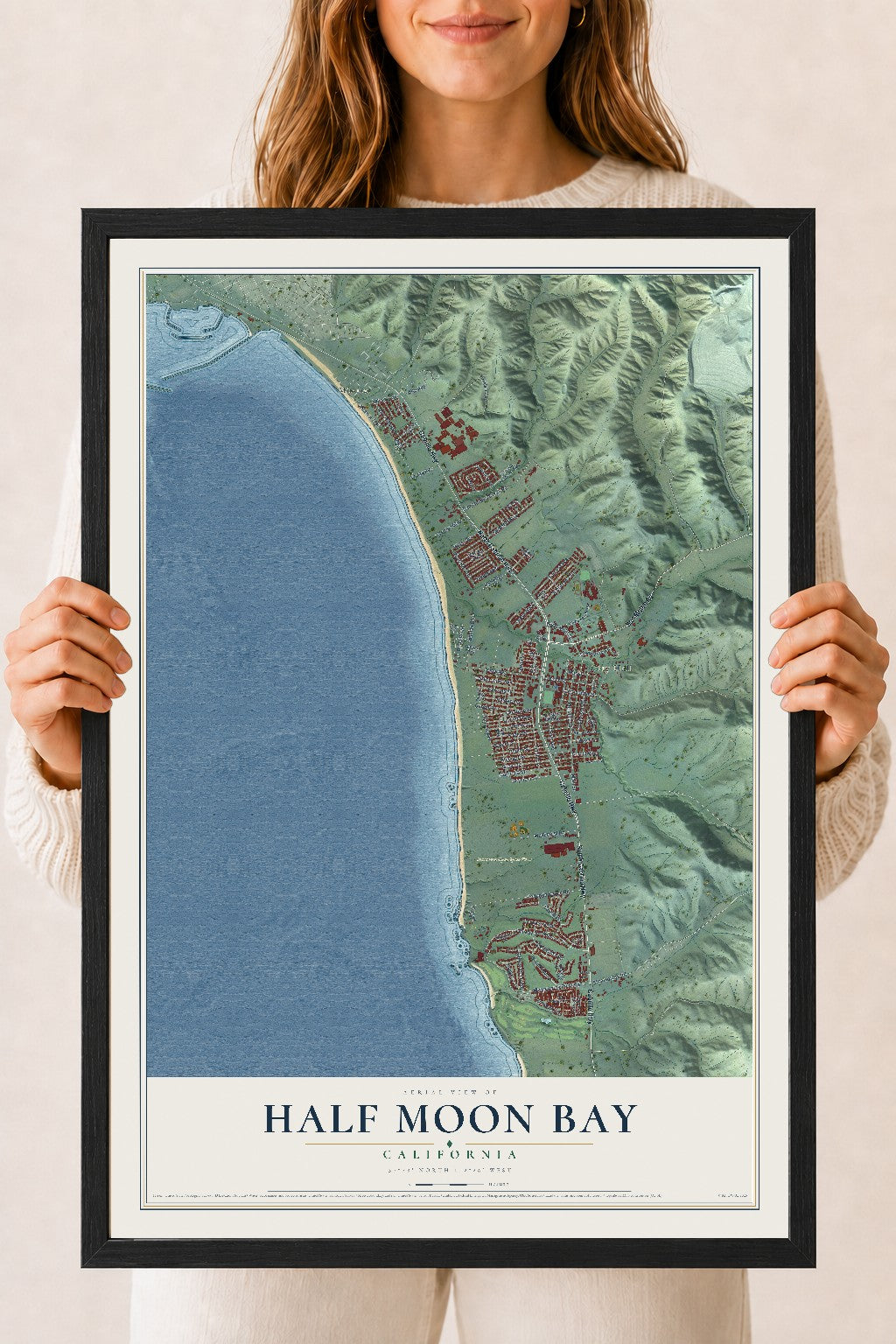 Map of Half Moon Bay, California, 18 x 24 inch print in a black wood frame