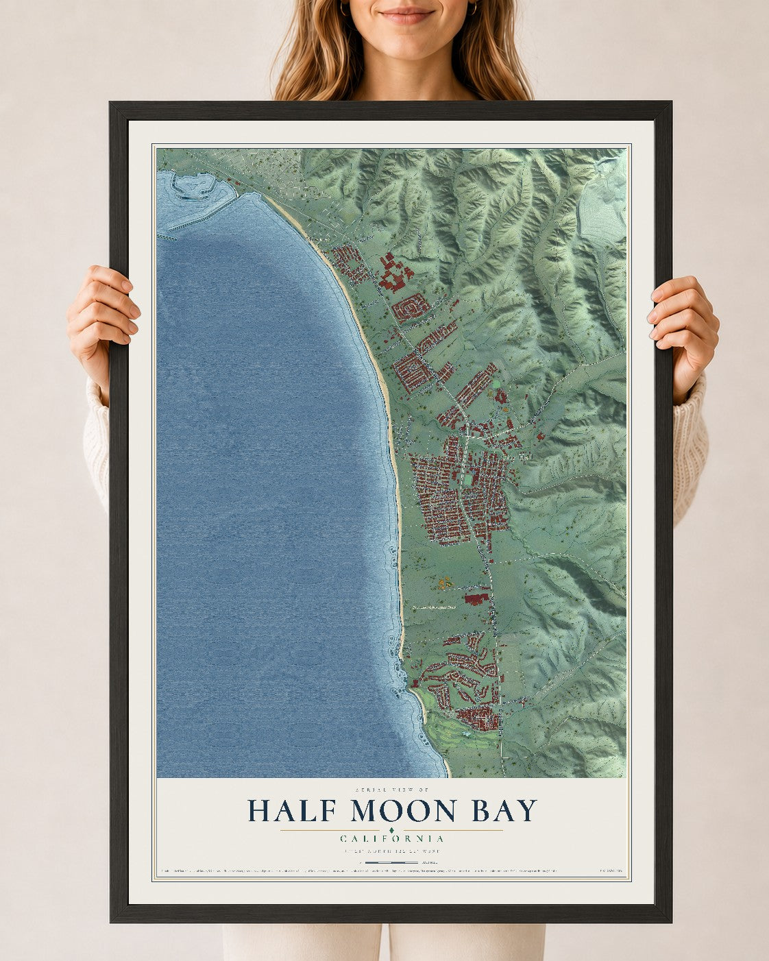 Map of Half Moon Bay, California, 24 x 36 inch print in a black wood frame