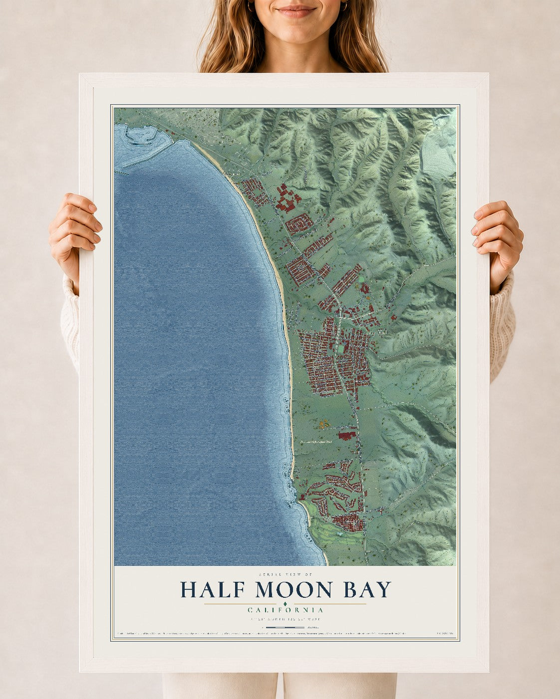 Map of Half Moon Bay, California, 24 x 36 inch print in a white wood frame