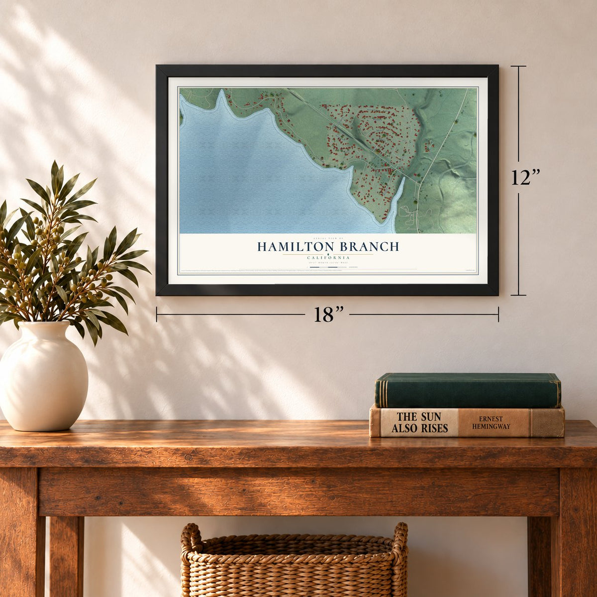 Hamilton Branch, California map, 12 x 18 inch print in a black frame in an entryway