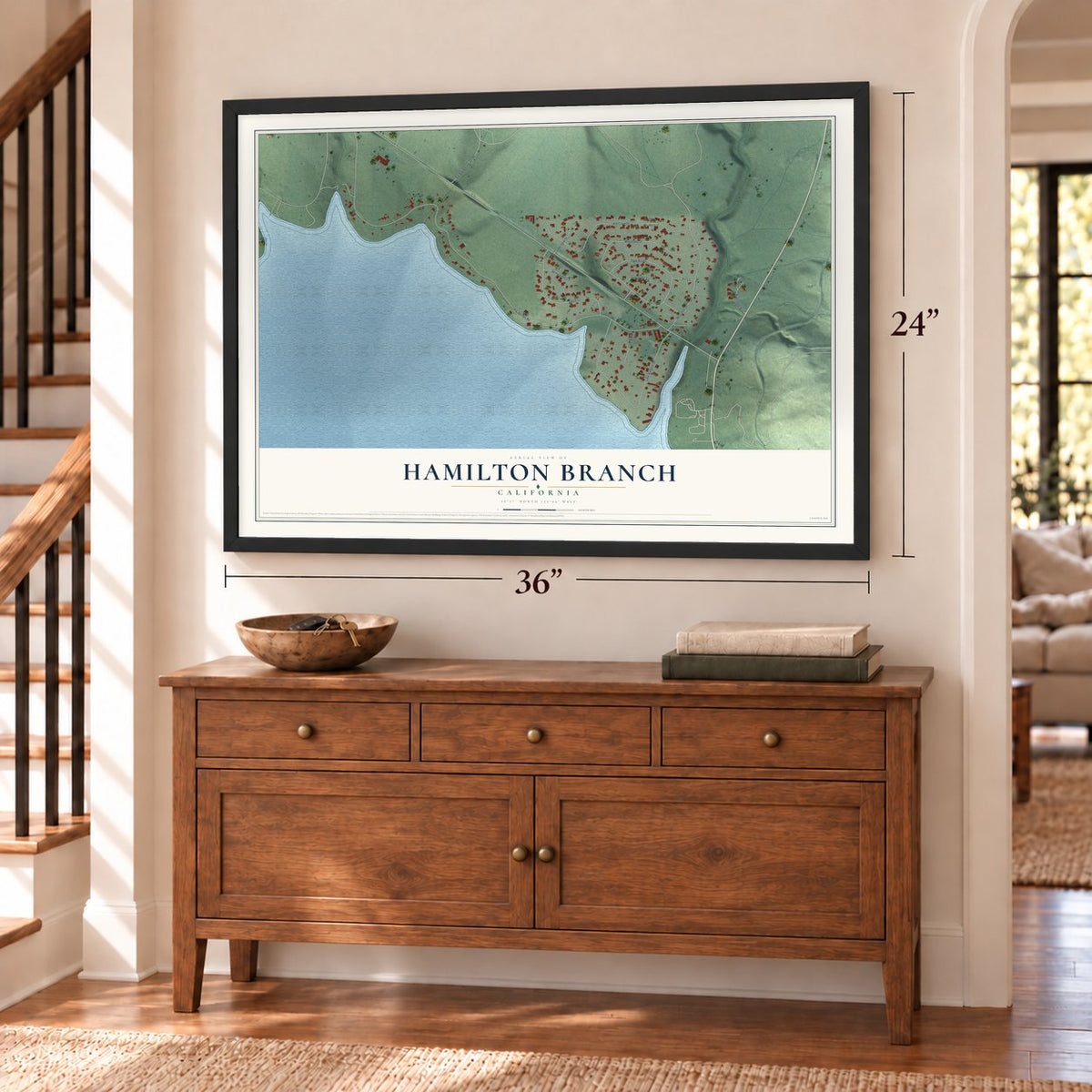 Hamilton Branch, California map, 24 x 36 inch print in a black frame above a dresser by a staircase