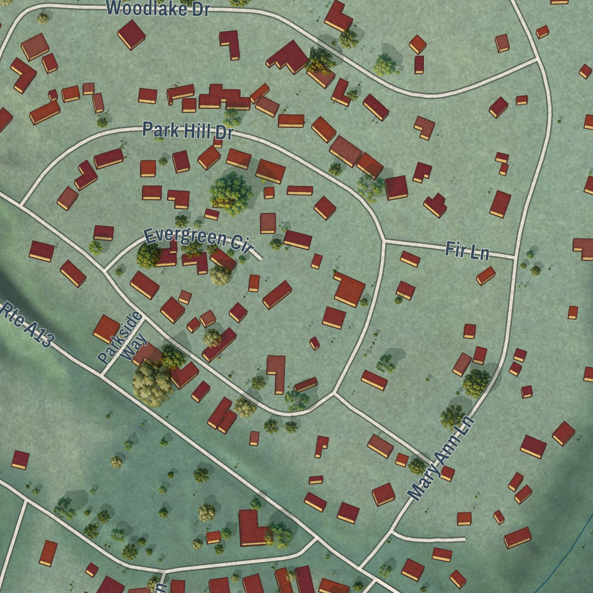Close-up of the map of Hamilton Branch, California print showing street and building detail
