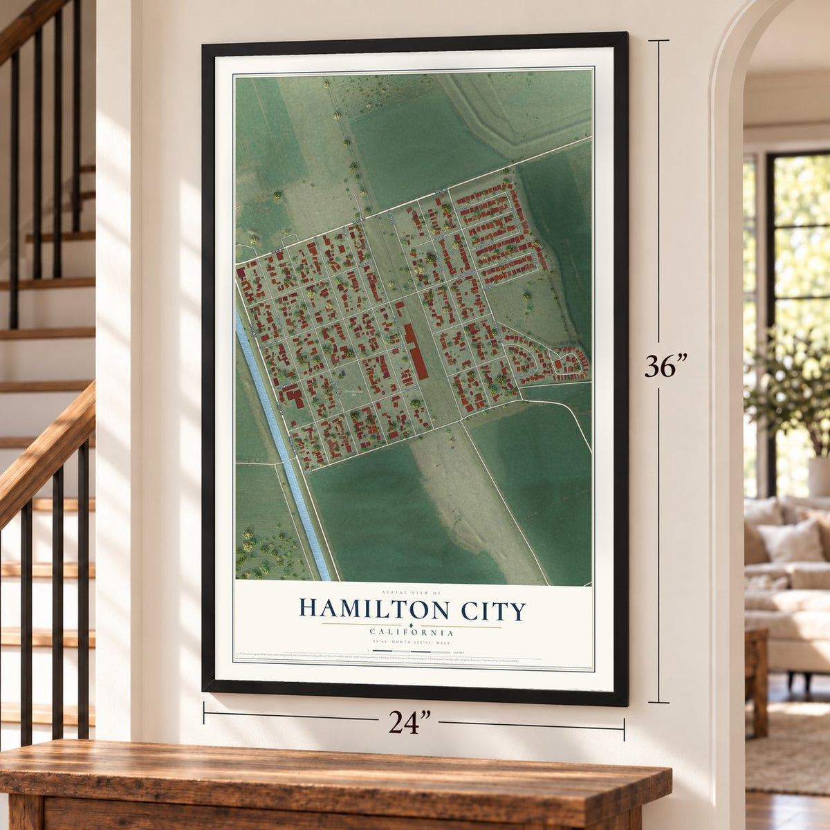 Hamilton City, California map, 24 x 36 inch print in a black frame by a staircase