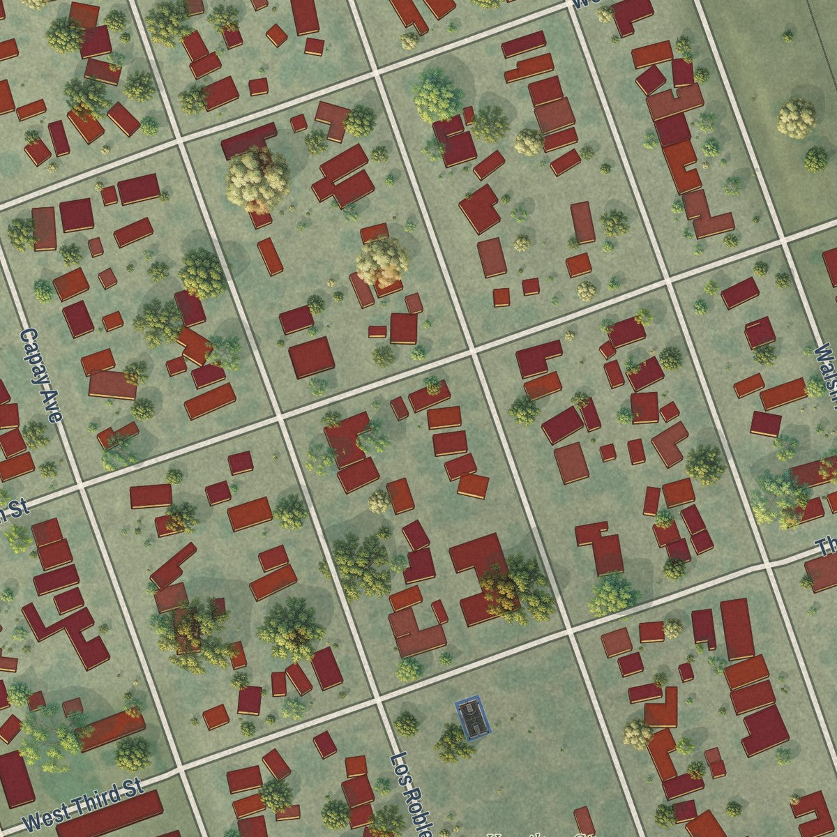 Close-up of the map of Hamilton City, California print showing street and building detail