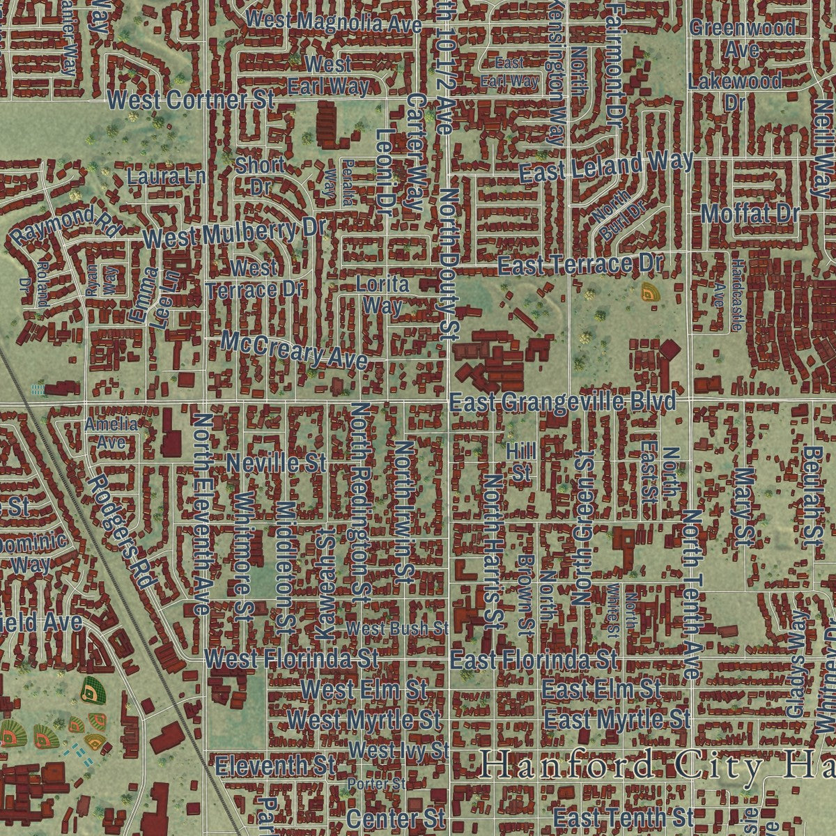 Close-up of the map of Hanford, California print showing street and building detail