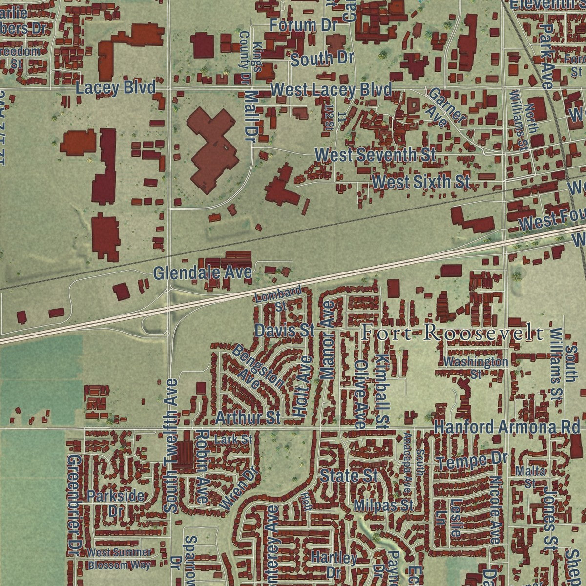 Second close-up of the map of Hanford, California print showing more streets and buildings