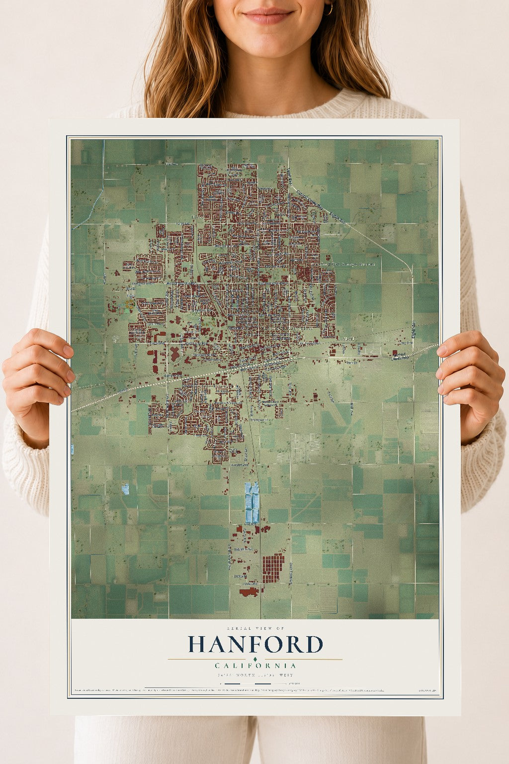 Map of Hanford, California, 18 x 24 inch unframed archival matte print