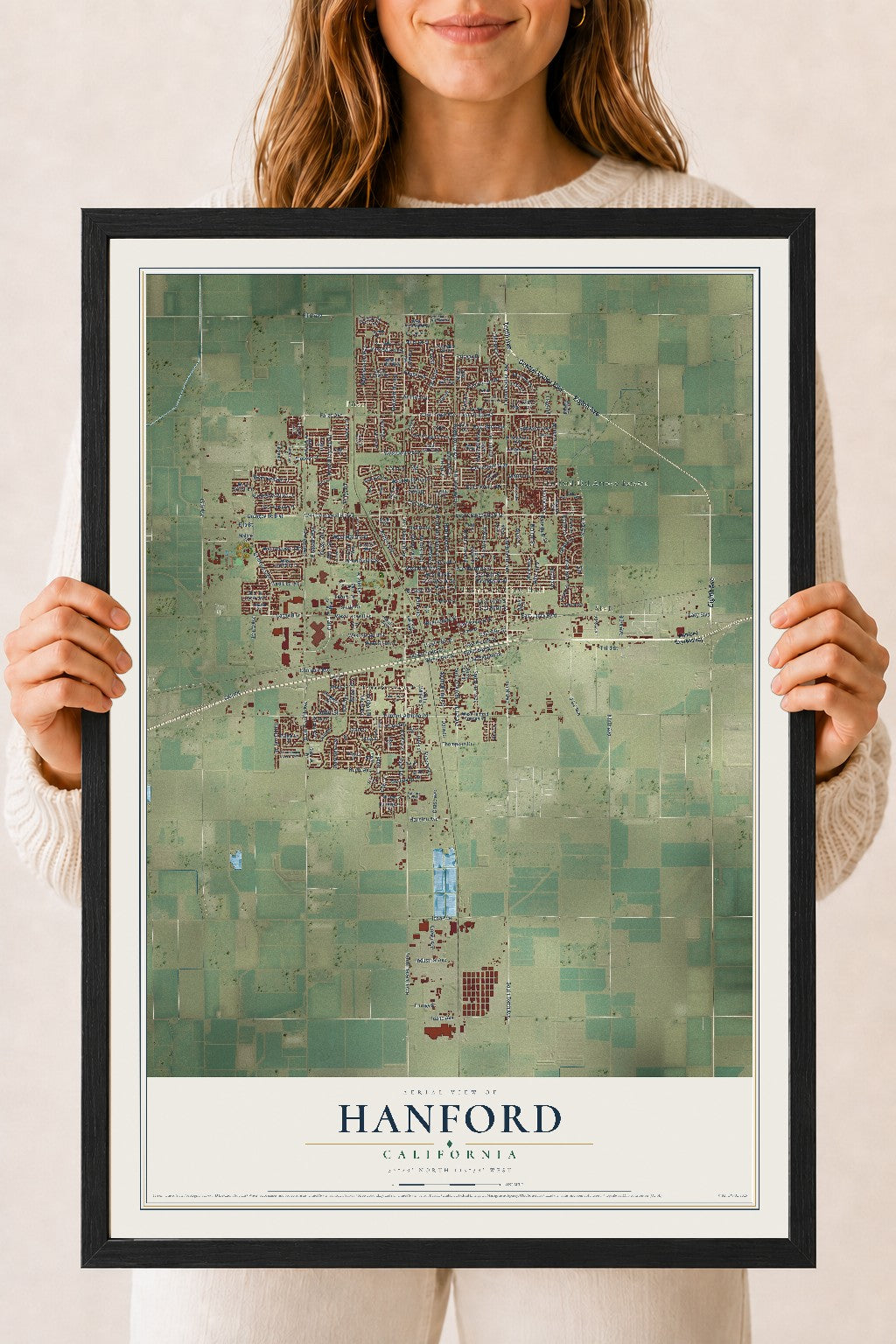 Map of Hanford, California, 18 x 24 inch print in a black wood frame