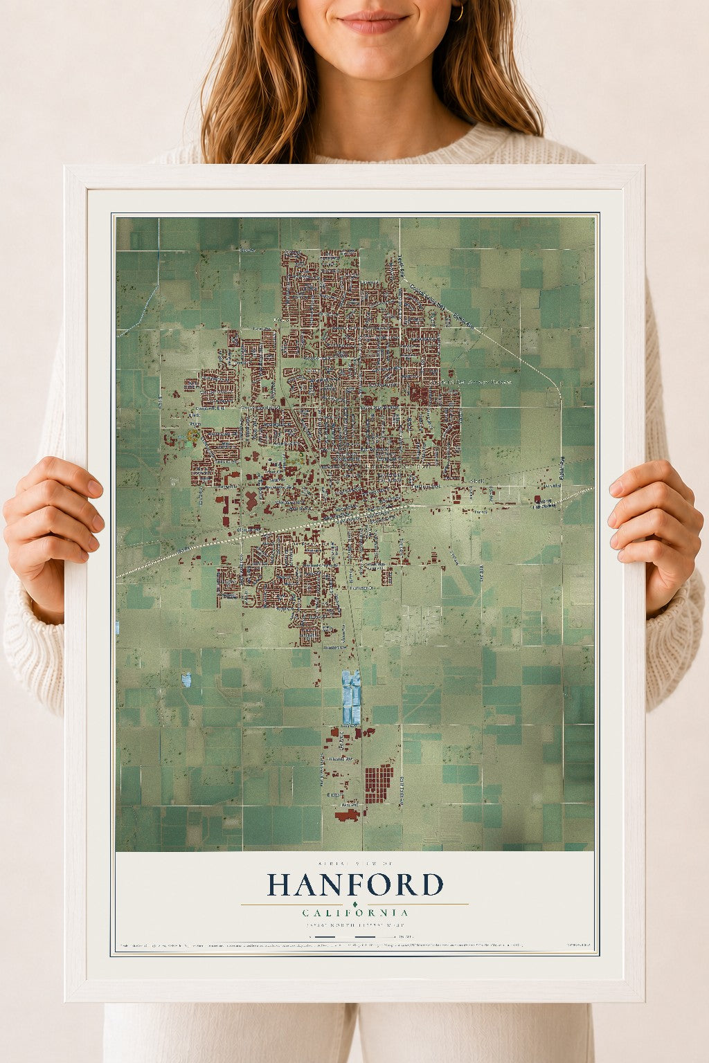 Map of Hanford, California, 18 x 24 inch print in a white wood frame