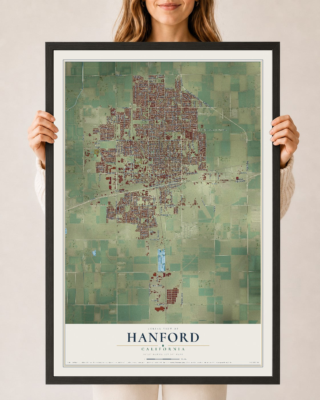 Map of Hanford, California, 24 x 36 inch print in a black wood frame