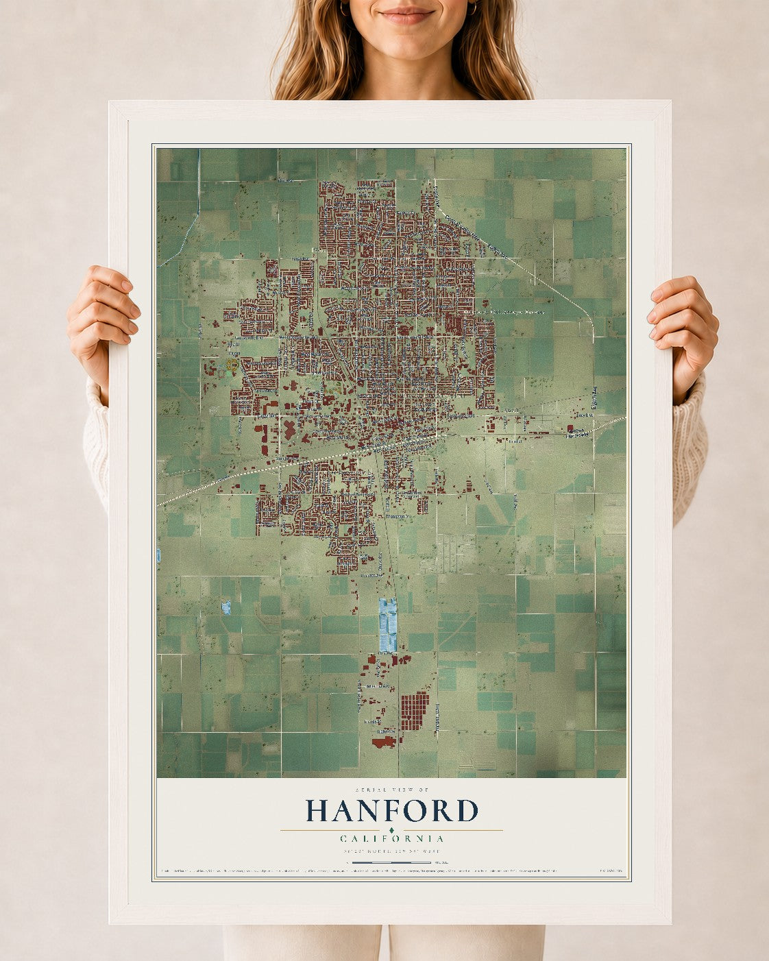 Map of Hanford, California, 24 x 36 inch print in a white wood frame