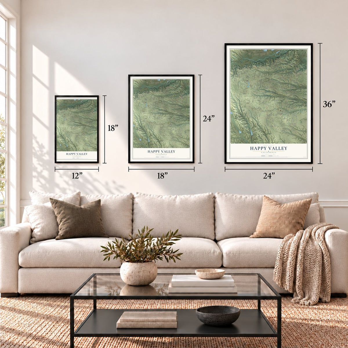 Happy Valley, California map in 12 x 18, 18 x 24 and 24 x 36 inch sizes above a sofa
