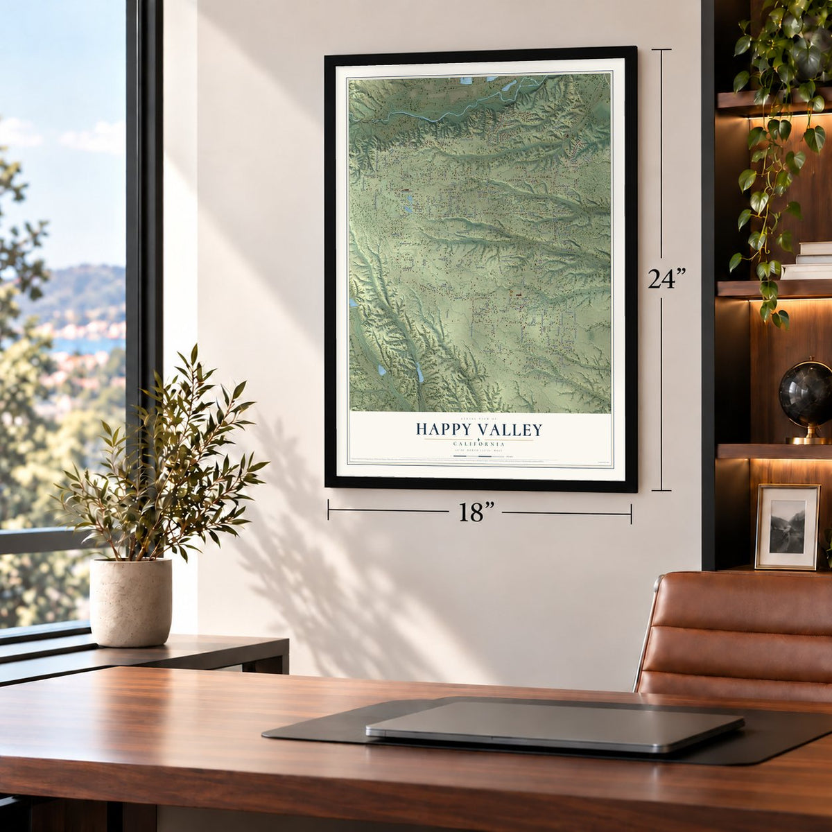 Happy Valley, California map, 18 x 24 inch print in a black frame in a home office