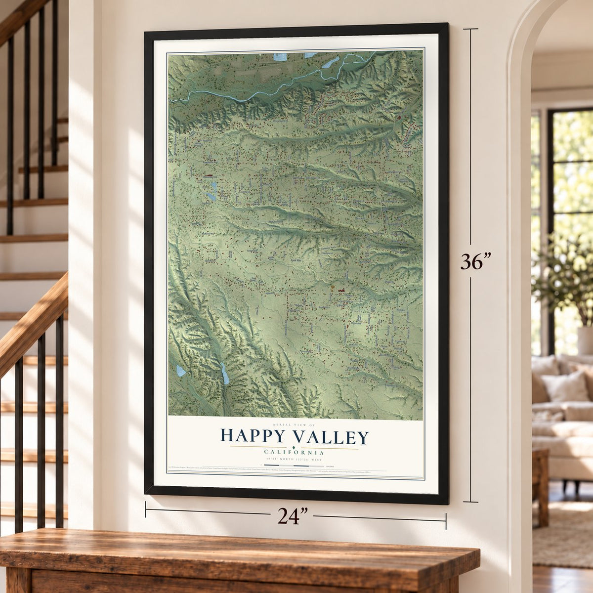 Happy Valley, California map, 24 x 36 inch print in a black frame by a staircase