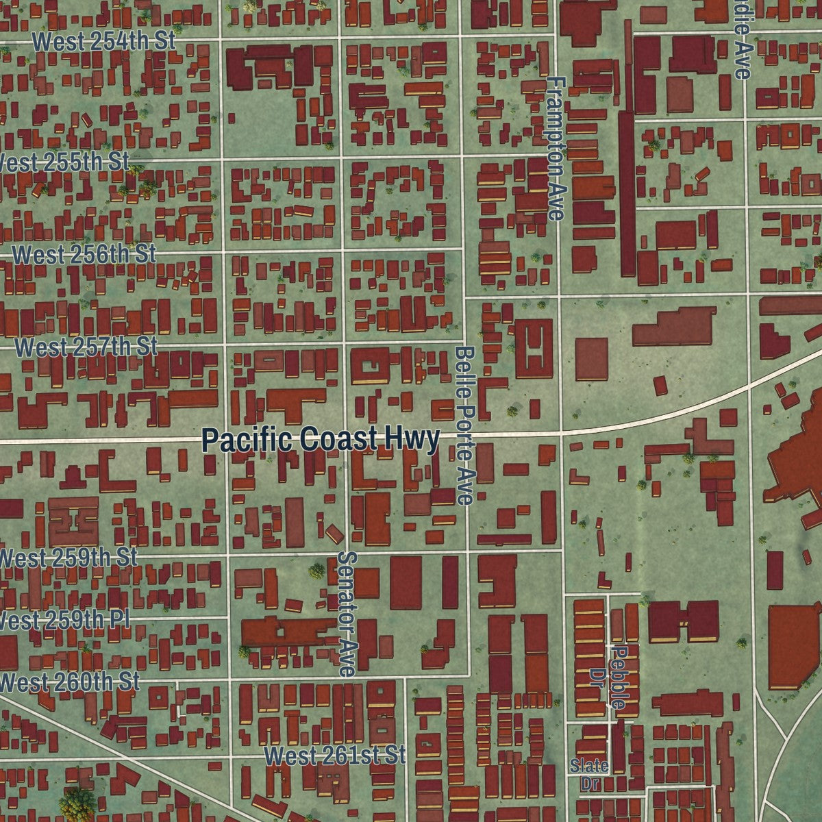 Close-up of the map of Harbor City, California print showing street and building detail