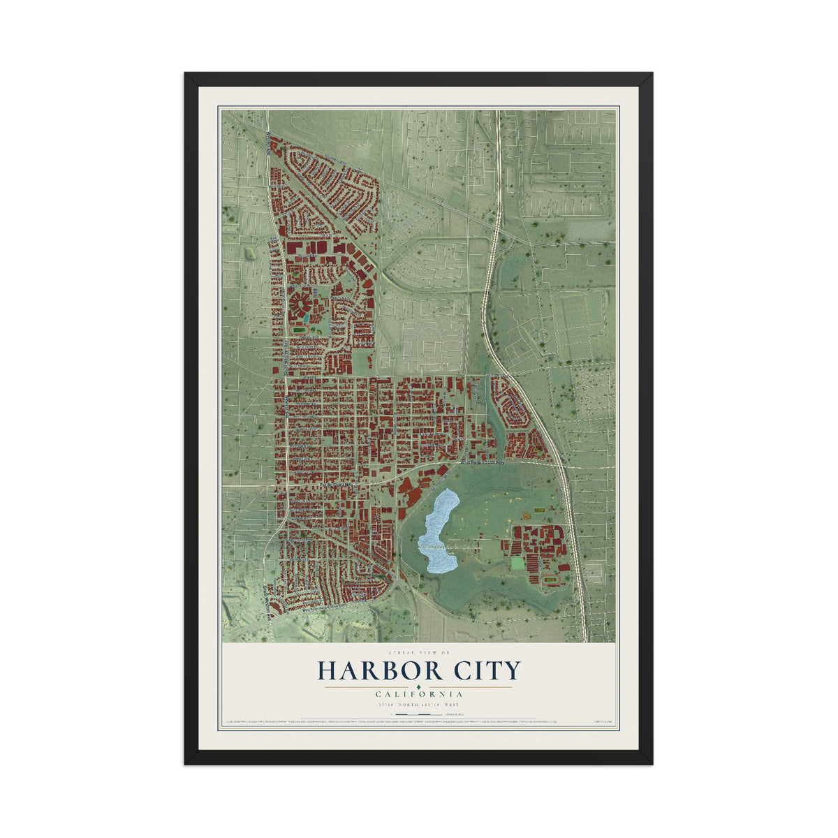 Map of Harbor City, California, 12 x 18 inch print in a black wood frame
