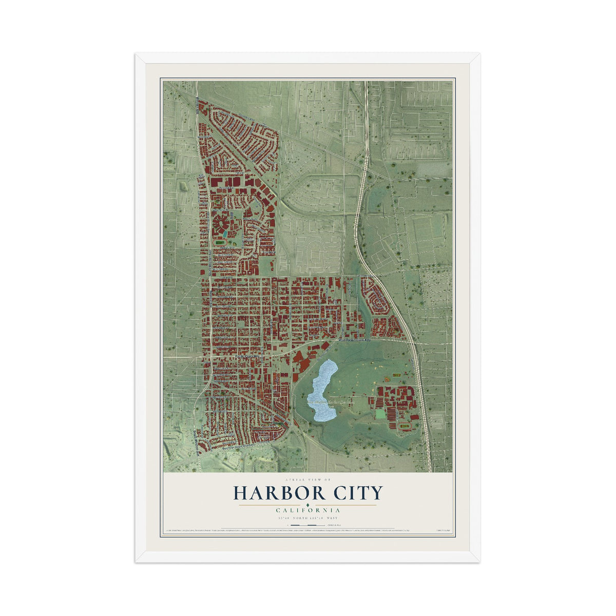 Map of Harbor City, California, 12 x 18 inch print in a white wood frame