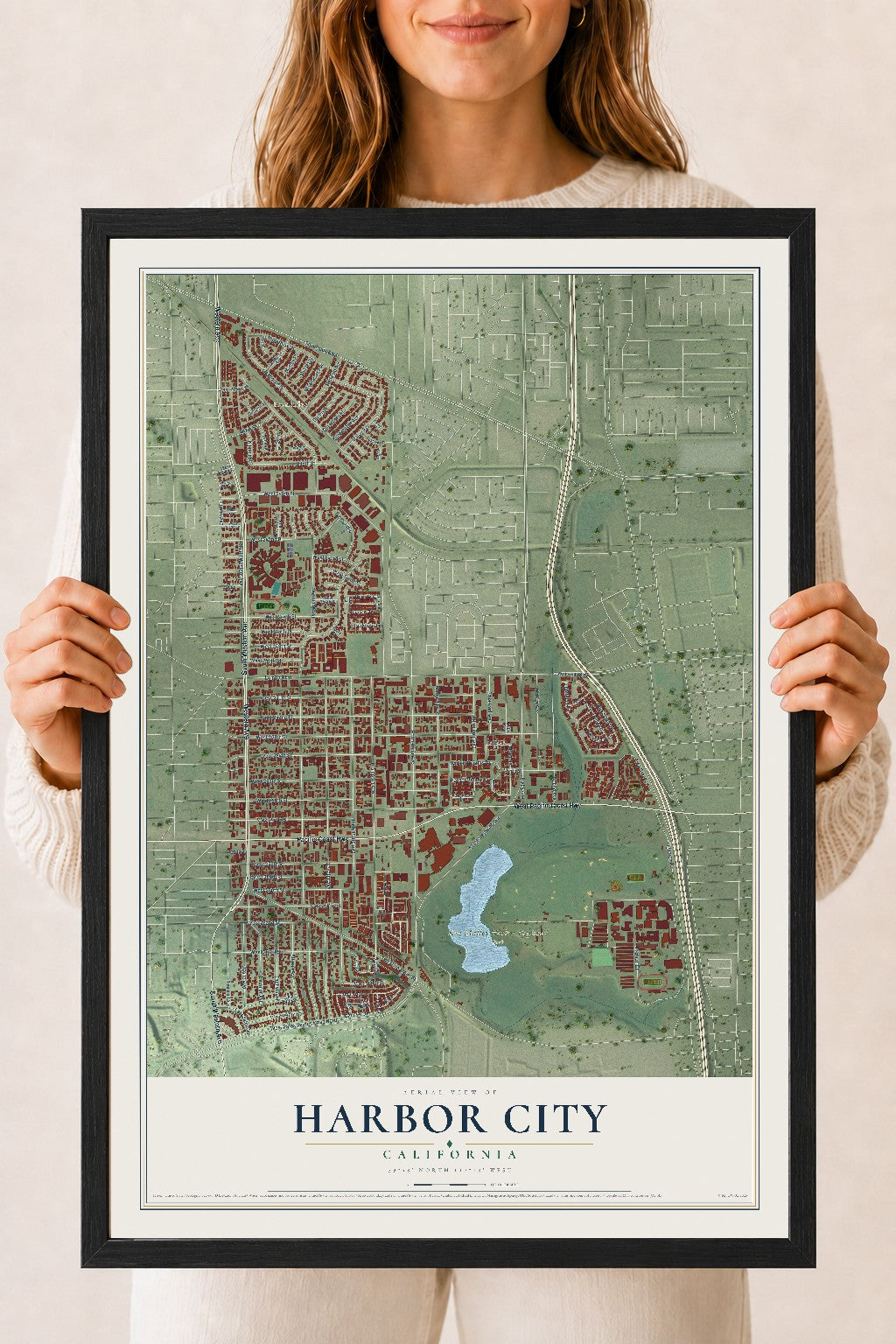 Map of Harbor City, California, 18 x 24 inch print in a black wood frame