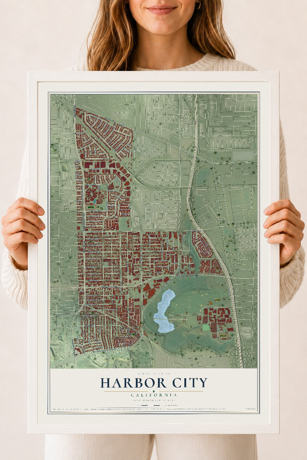 Map of Harbor City, California, 18 x 24 inch print in a white wood frame