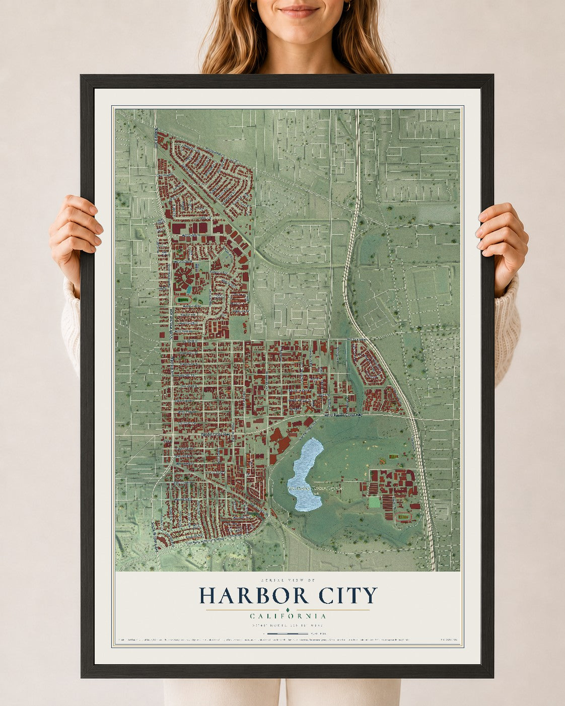 Map of Harbor City, California, 24 x 36 inch print in a black wood frame