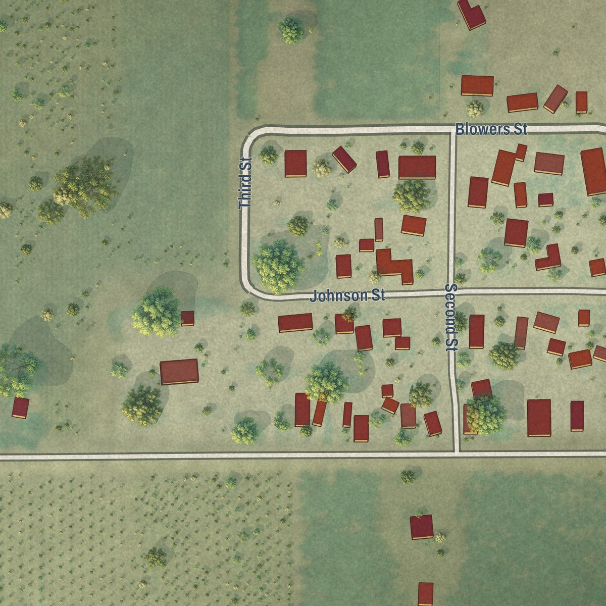 Close-up of the map of Hardwick, California print showing street and building detail