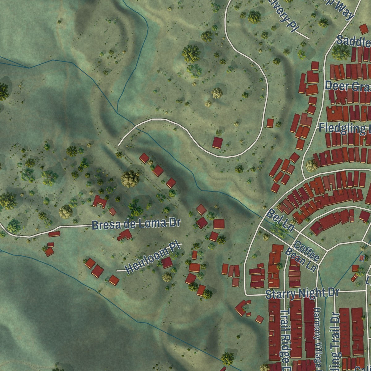Close-up of the map of Harmony Grove, California print showing street and building detail