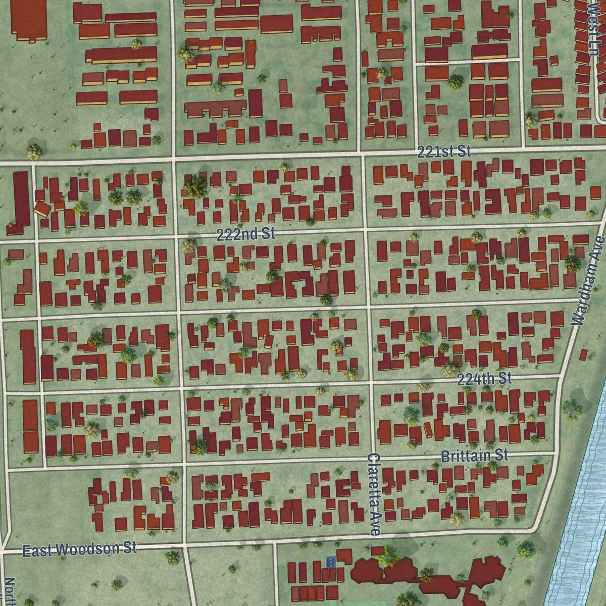 Close-up of the map of Hawaiian Gardens, California print showing street and building detail