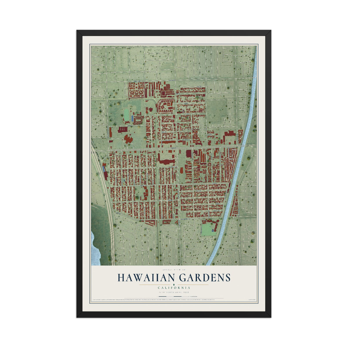 Map of Hawaiian Gardens, California, 12 x 18 inch print in a black wood frame